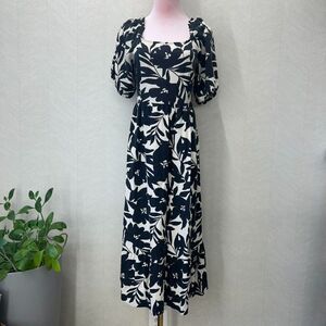 Who What Wear Puff Sleeve Cut Out Back White Black Floral Midi Dress Womens XS